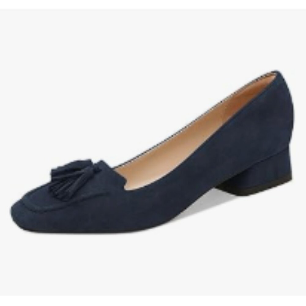 YDN Deep Blue Block Low Heel Loafer Square Toe Tassel Fringe Pump Slip On Shoes